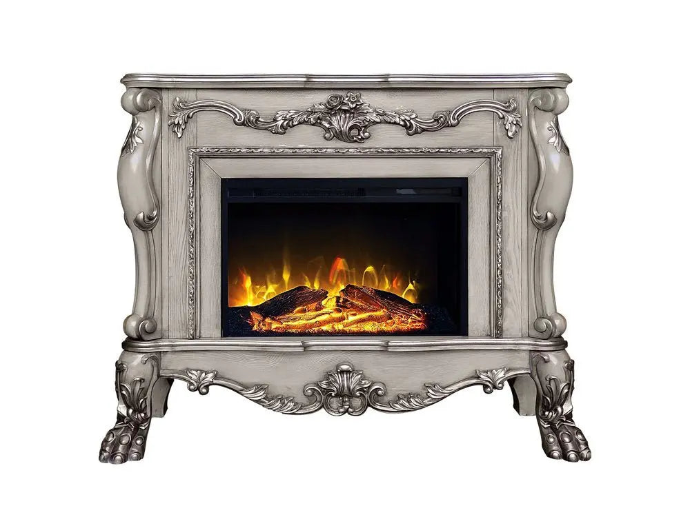47" Bone Wood Ornate Carved Scrollwork Electric Free Standing Fireplace With Mantle - NOBLE HOME INTERIORS