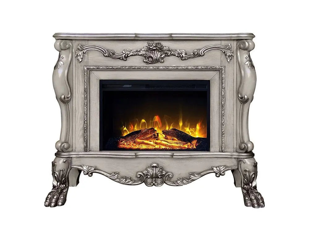 47" Bone Wood Ornate Carved Scrollwork Electric Free Standing Fireplace With Mantle - NOBLE HOME INTERIORS