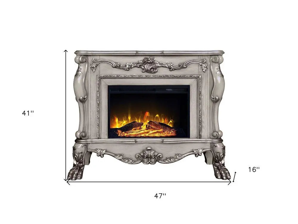 47" Bone Wood Ornate Carved Scrollwork Electric Free Standing Fireplace With Mantle - NOBLE HOME INTERIORS