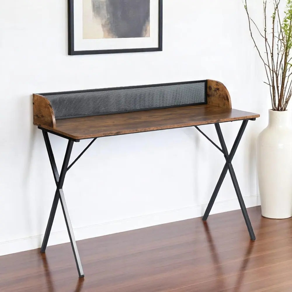 47" Brown and Black Wood and Metal X - Shape Computer Desk - NOBLE HOME INTERIORS