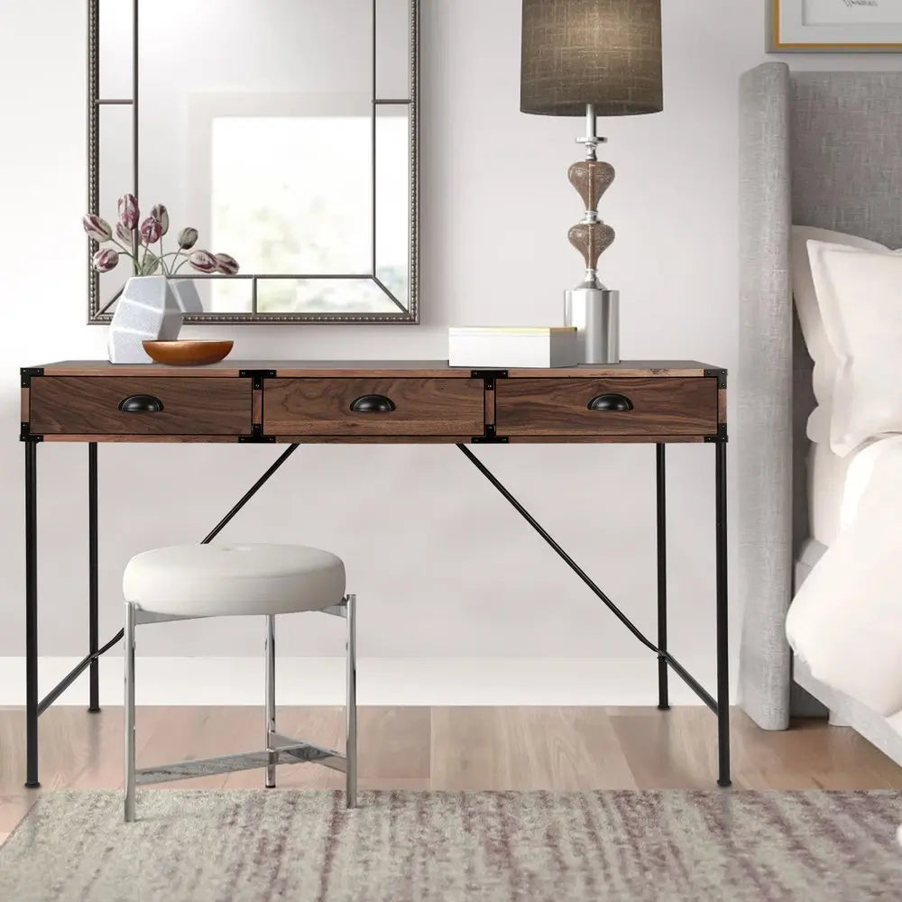 47" Brown Wood Wall Mounted H - Shape Writing Desk With Three Drawers - NOBLE HOME INTERIORS