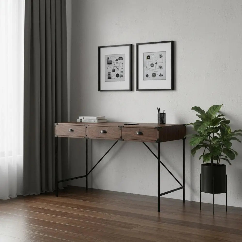 47" Brown Wood Wall Mounted H - Shape Writing Desk With Three Drawers - NOBLE HOME INTERIORS