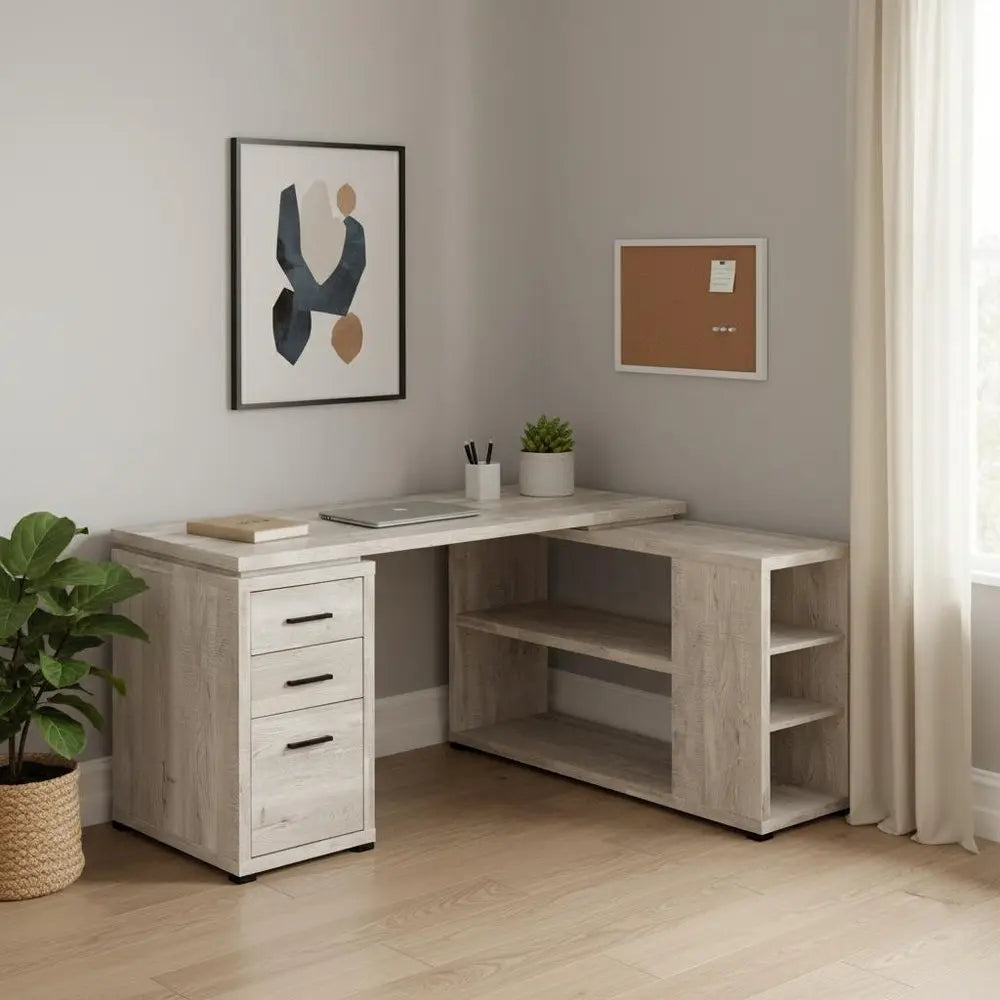 47" Gray L Shape Computer Desk With Three Drawers - NOBLE HOME INTERIORS
