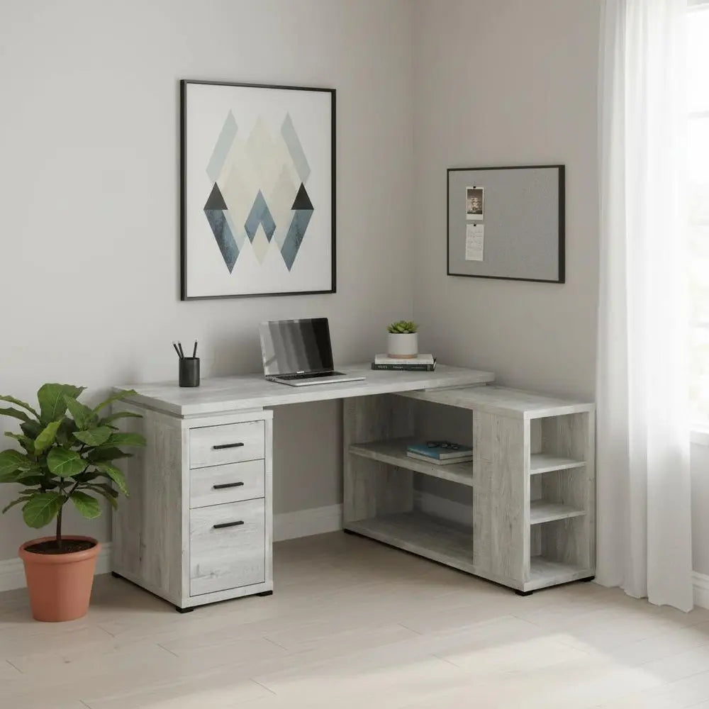 47" Gray L Shape Computer Desk With Three Drawers - NOBLE HOME INTERIORS