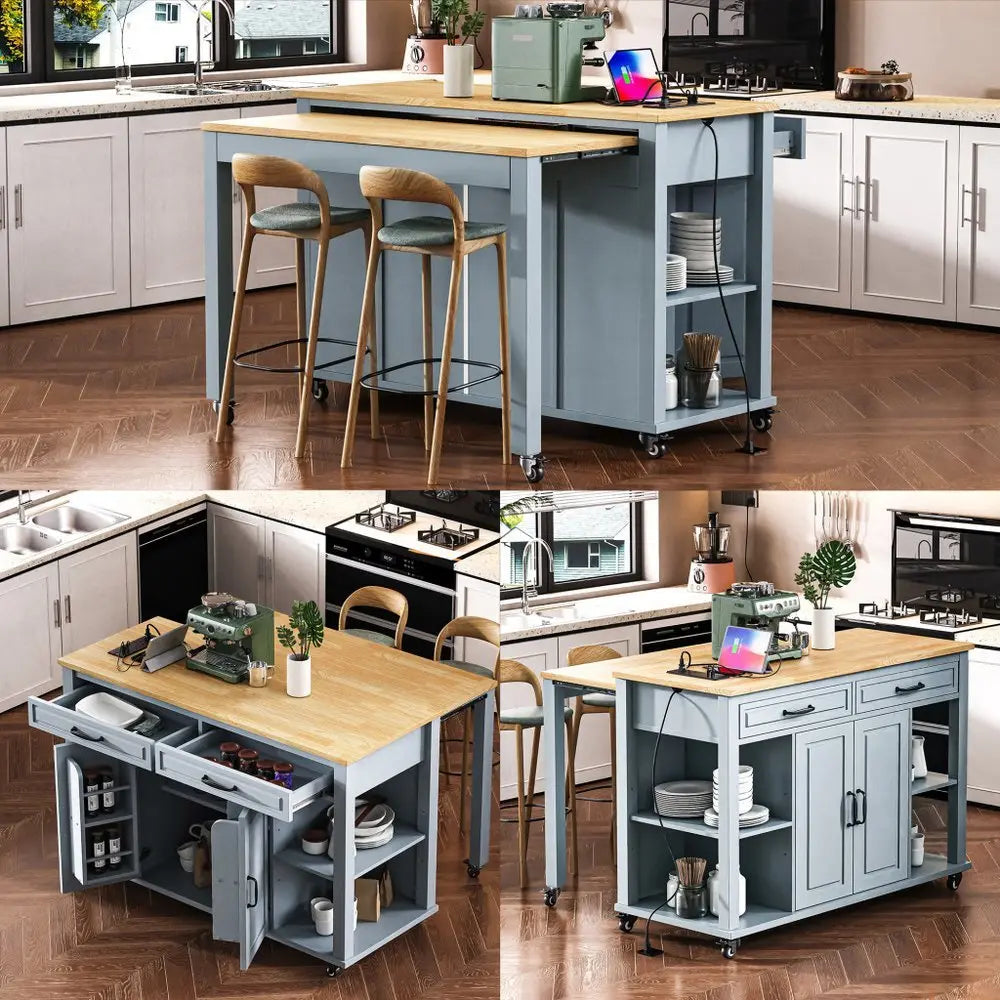47" Light Blue Wood Barn Door Rolling Kitchen Island With Storage With USB - NOVA HOME FURNITURE