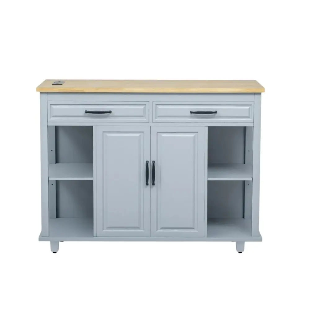 47" Light Blue Wood Barn Door Rolling Kitchen Island With Storage With USB - NOVA HOME FURNITURE