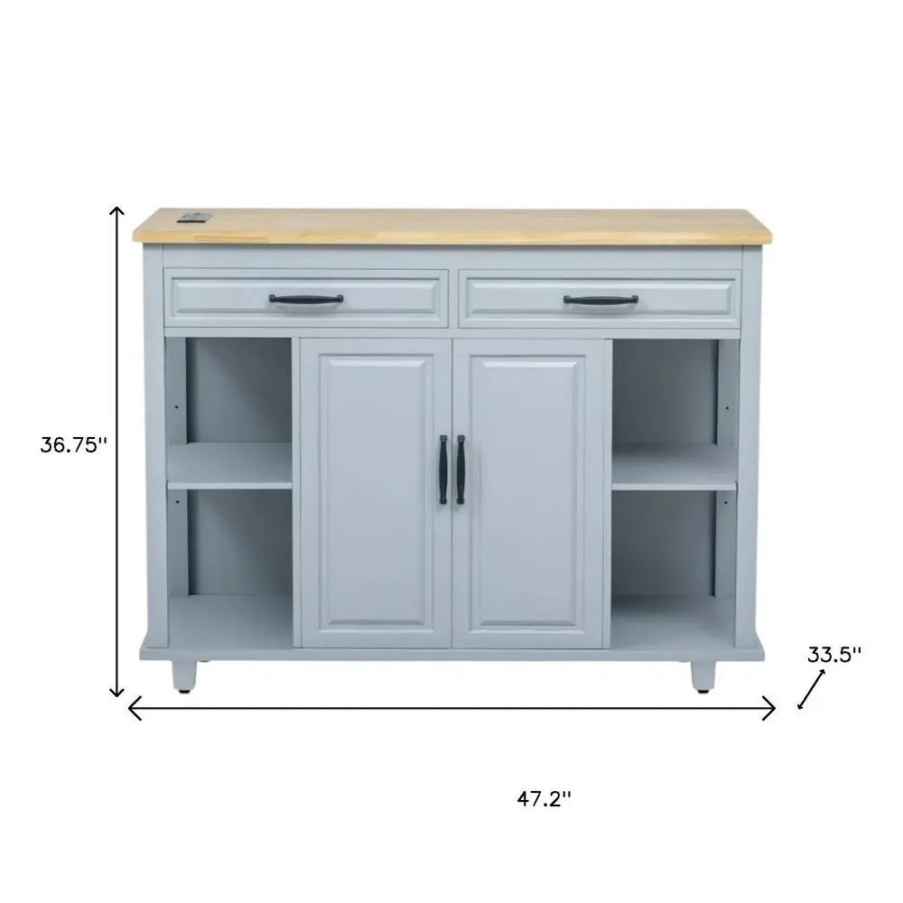 47" Light Blue Wood Barn Door Rolling Kitchen Island With Storage With USB - NOVA HOME FURNITURE