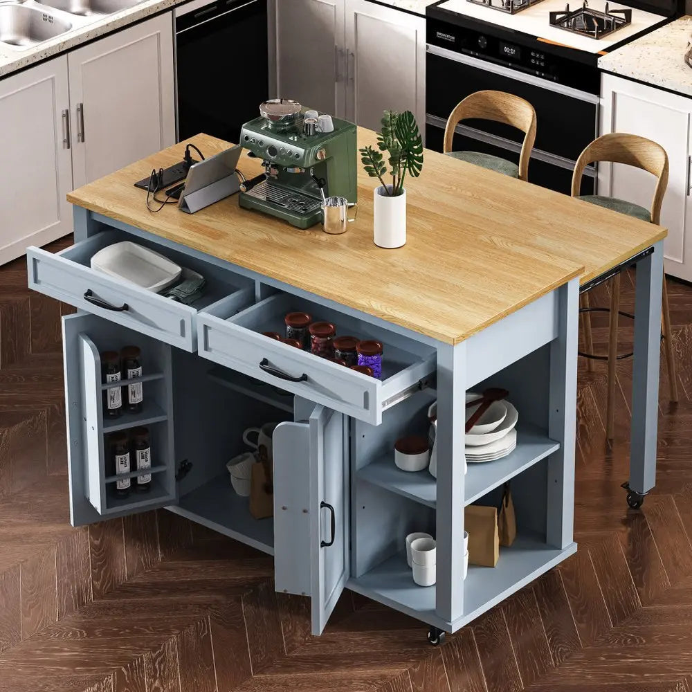 47" Light Blue Wood Barn Door Rolling Kitchen Island With Storage With USB - NOVA HOME FURNITURE