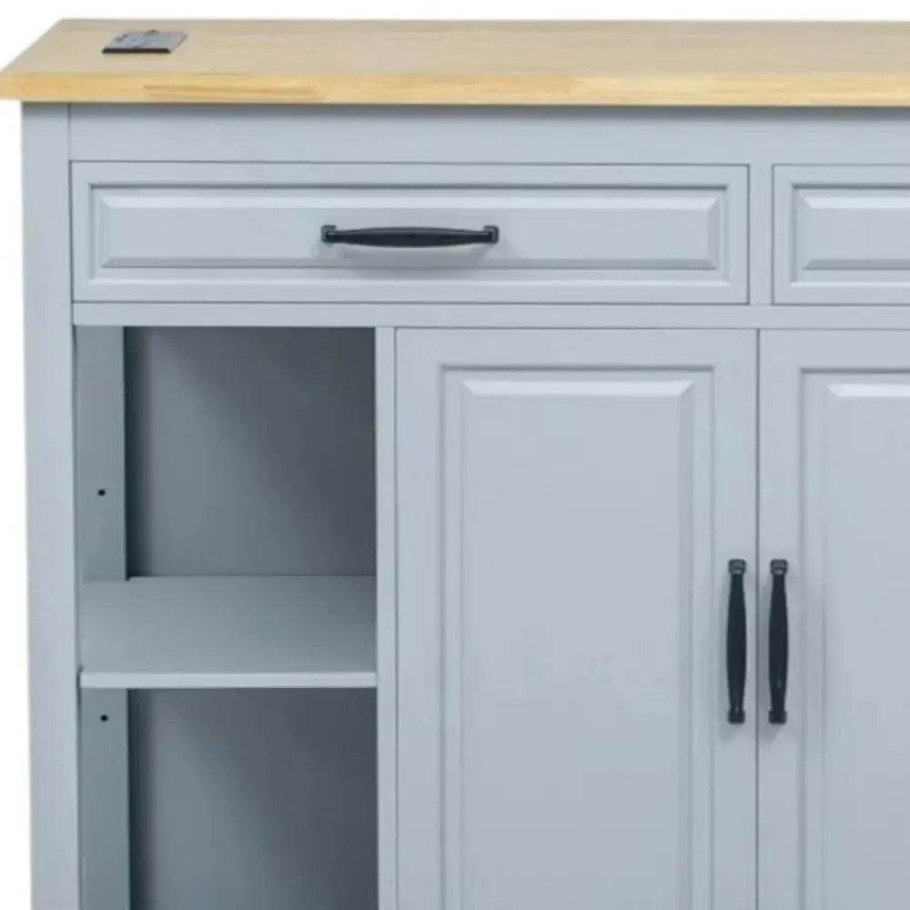 47" Light Blue Wood Barn Door Rolling Kitchen Island With Storage With USB - NOVA HOME FURNITURE