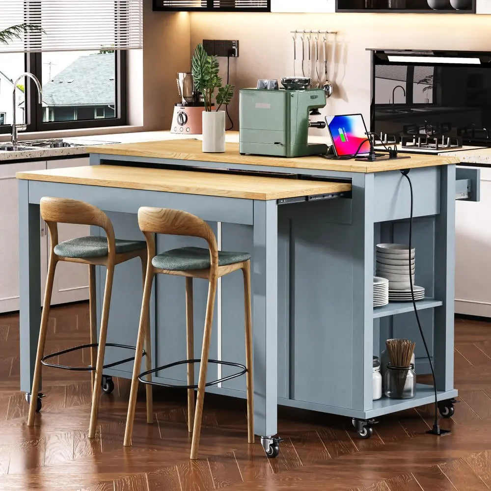 47" Light Blue Wood Barn Door Rolling Kitchen Island With Storage With USB - NOVA HOME FURNITURE