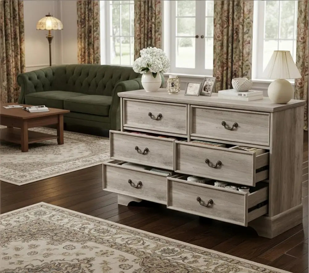 47" Light Gray Solid Wood Console Accent Cabinet With Six Drawers - NOVA HOME FURNITURE