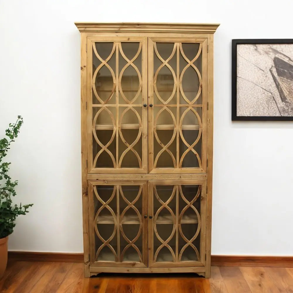 47" Natural Solid Wood Carved Geometric Accent Cabinet With Four Doors - NOVA HOME FURNITURE