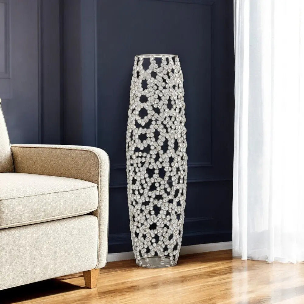 47" Silver Oval Crystal Glass Floor Vase With Faux Crystals - NOBLE HOME INTERIORS