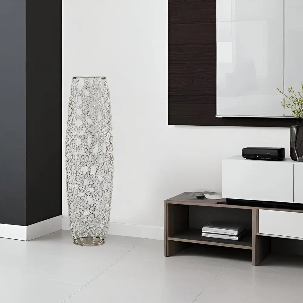 47" Silver Oval Crystal Glass Floor Vase With Faux Crystals - NOBLE HOME INTERIORS
