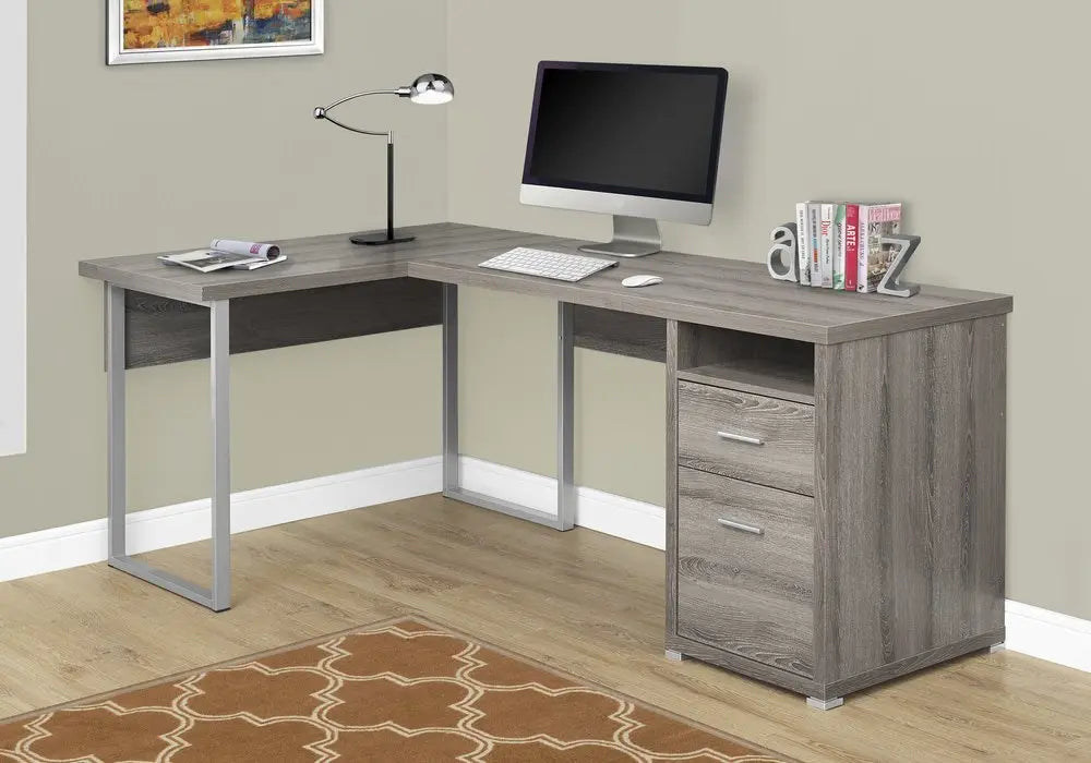 47" Taupe and Silver L Shape Computer Desk With Two Drawers - NOBLE HOME INTERIORS
