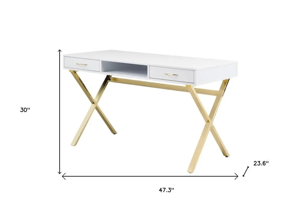 47" White and Gold Wood and Metal Computer Desk With Two Drawers - NOBLE HOME INTERIORS