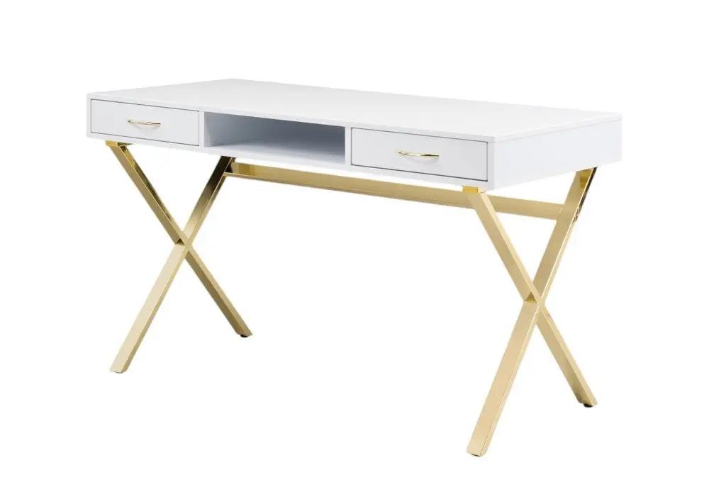 47" White and Gold Wood and Metal Computer Desk With Two Drawers - NOBLE HOME INTERIORS