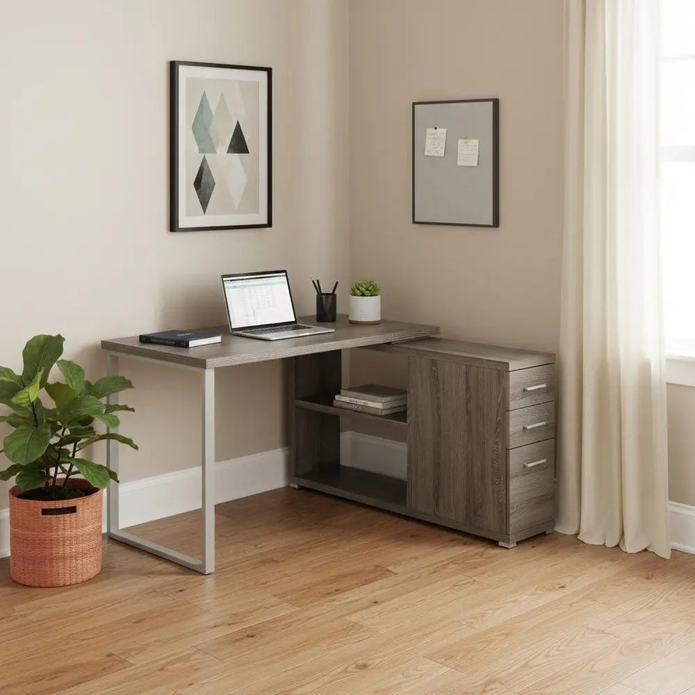 47" White and Silver L Shape Computer Desk With Three Drawers - NOBLE HOME INTERIORS