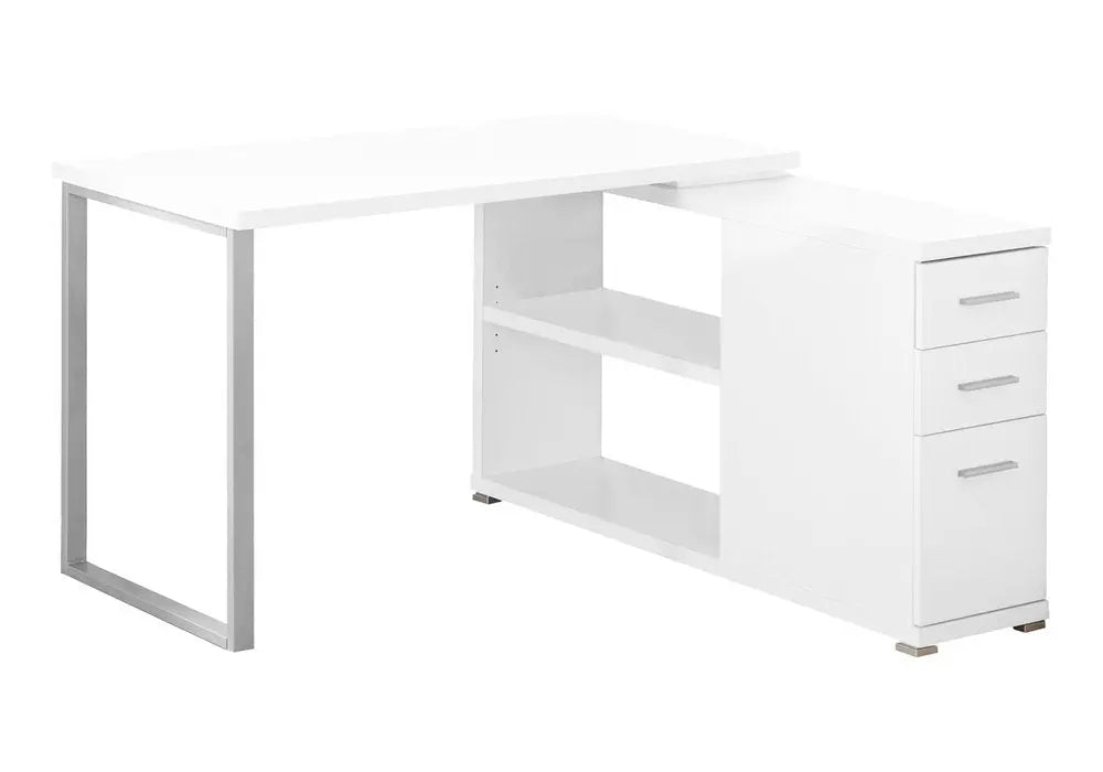 47" White and Silver L Shape Computer Desk With Three Drawers - NOBLE HOME INTERIORS