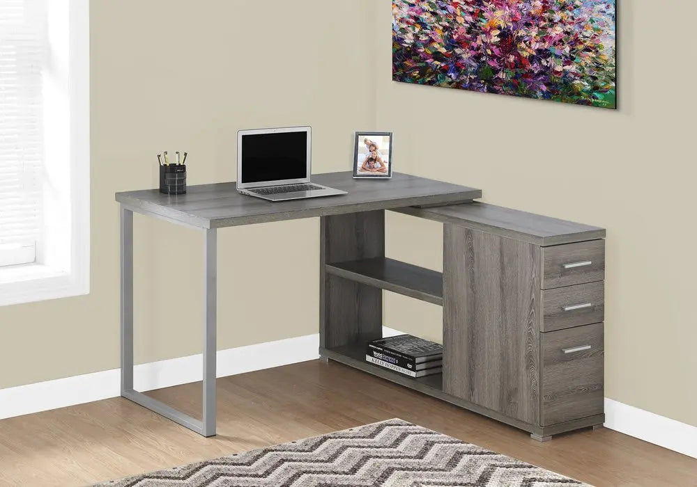 47" White and Silver L Shape Computer Desk With Three Drawers - NOBLE HOME INTERIORS