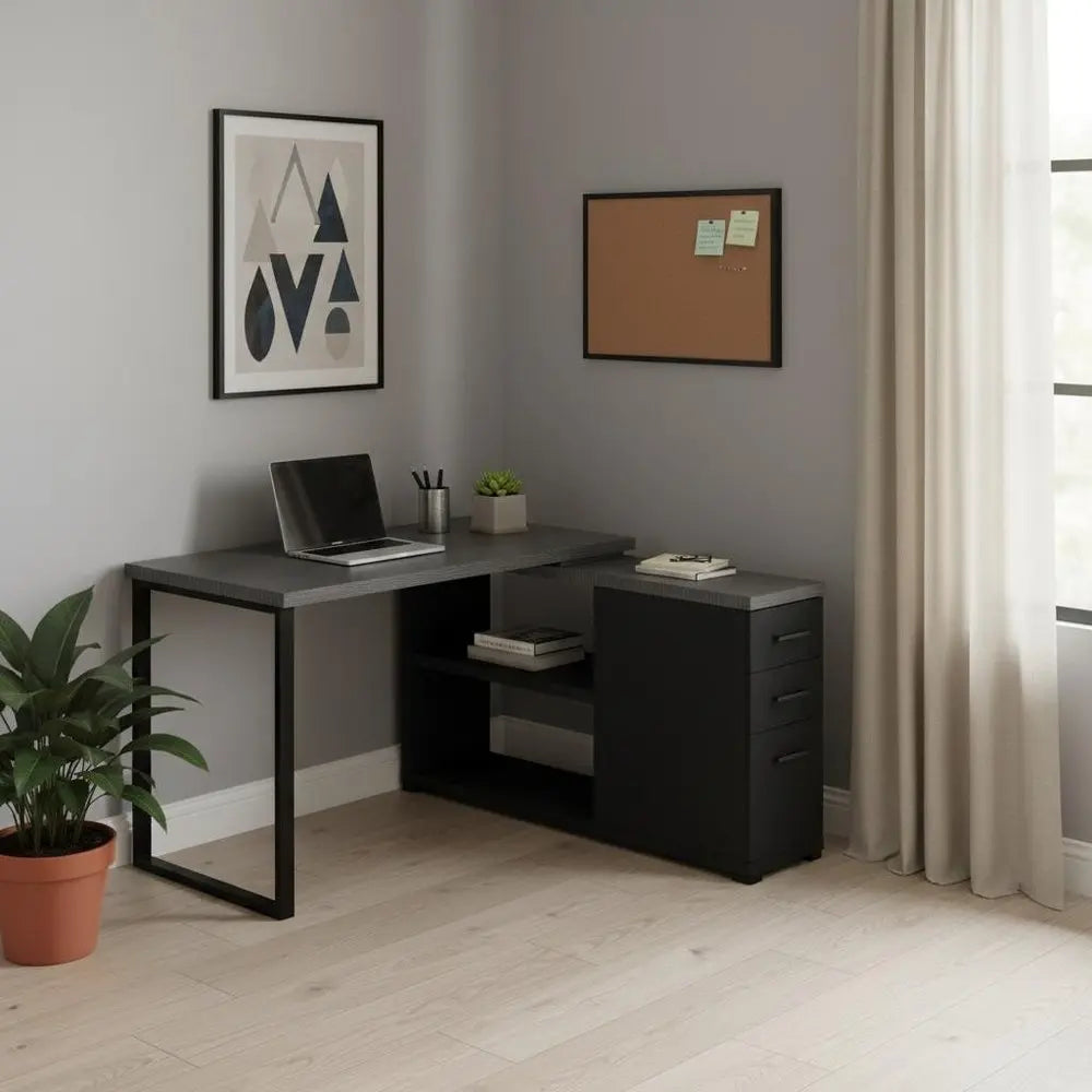 47" White and Silver L Shape Computer Desk With Three Drawers - NOBLE HOME INTERIORS