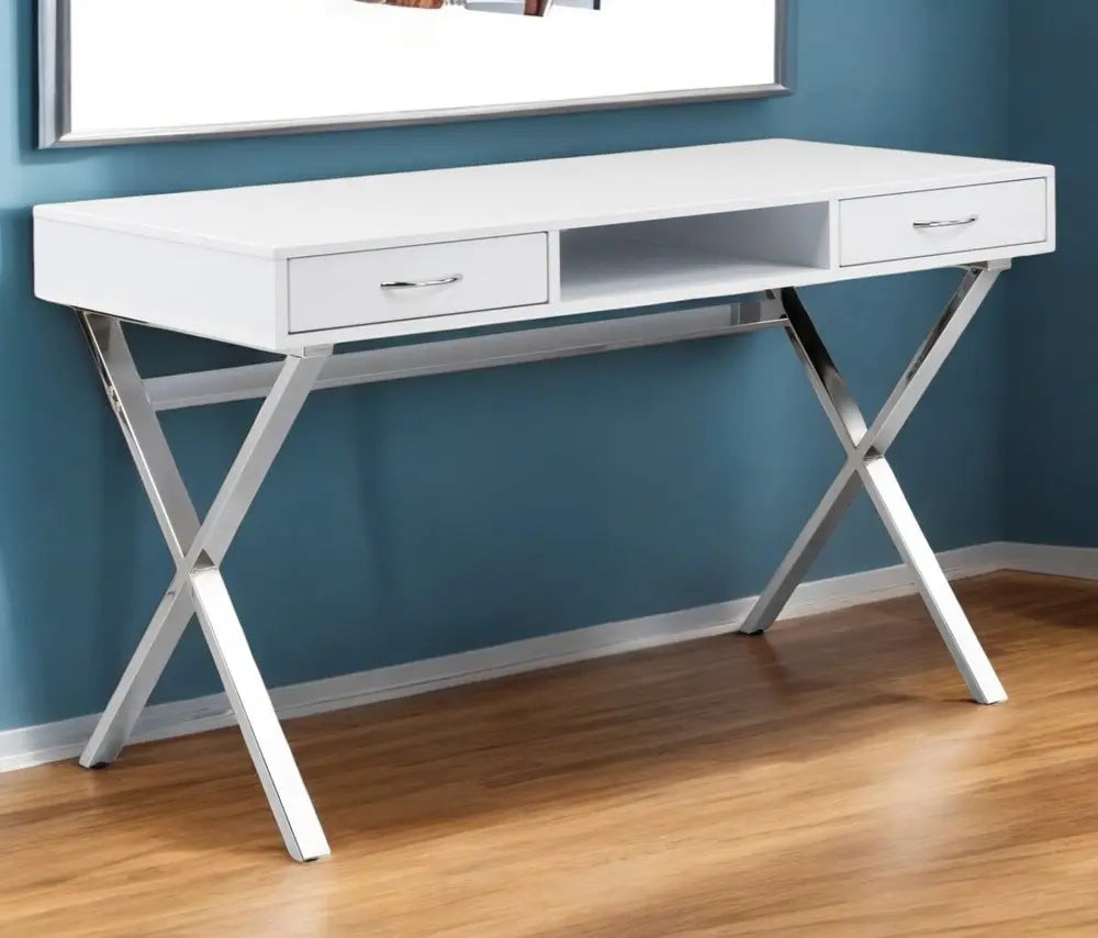47" White and Silver Wood and Metal Computer Desk With Two Drawers - NOBLE HOME INTERIORS