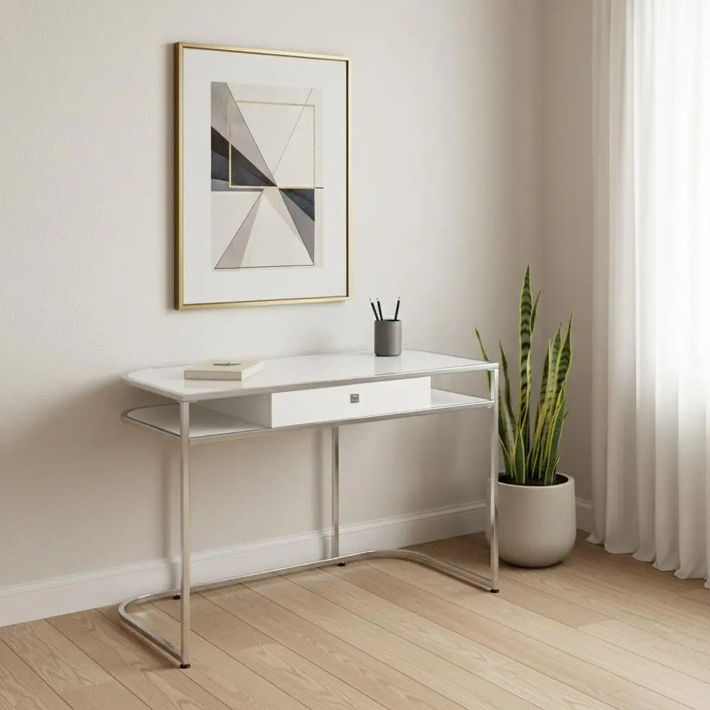 47" White and Silver Wood and Metal Sled Computer Desk - NOBLE HOME INTERIORS