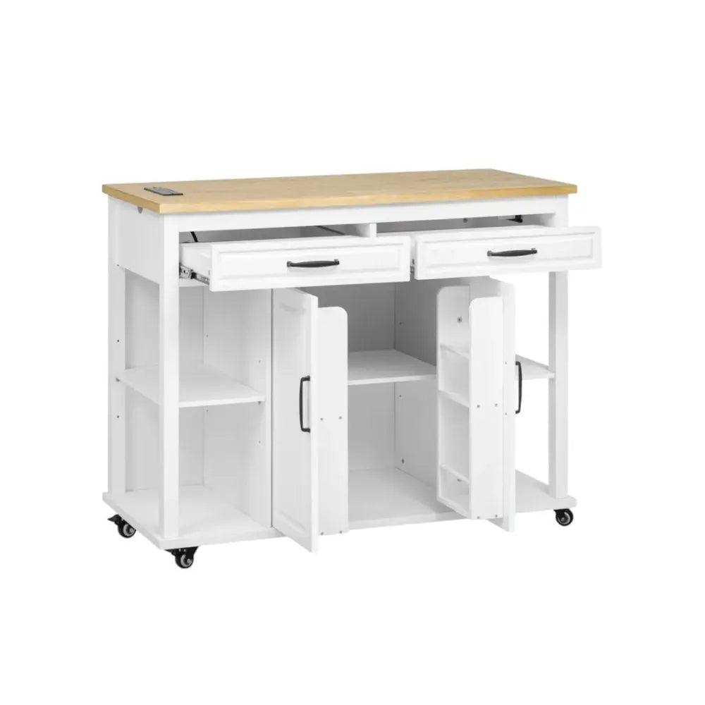 47" White Wood Barn Door Rolling Kitchen Island With Storage With USB - NOVA HOME FURNITURE