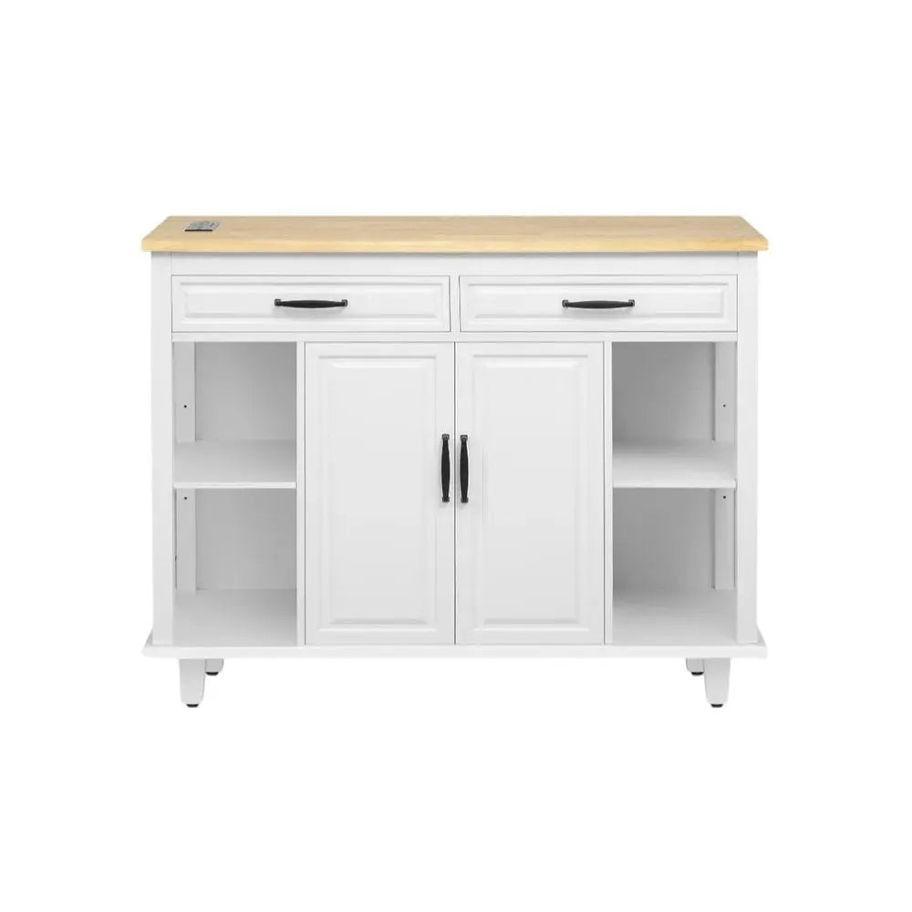 47" White Wood Barn Door Rolling Kitchen Island With Storage With USB - NOVA HOME FURNITURE