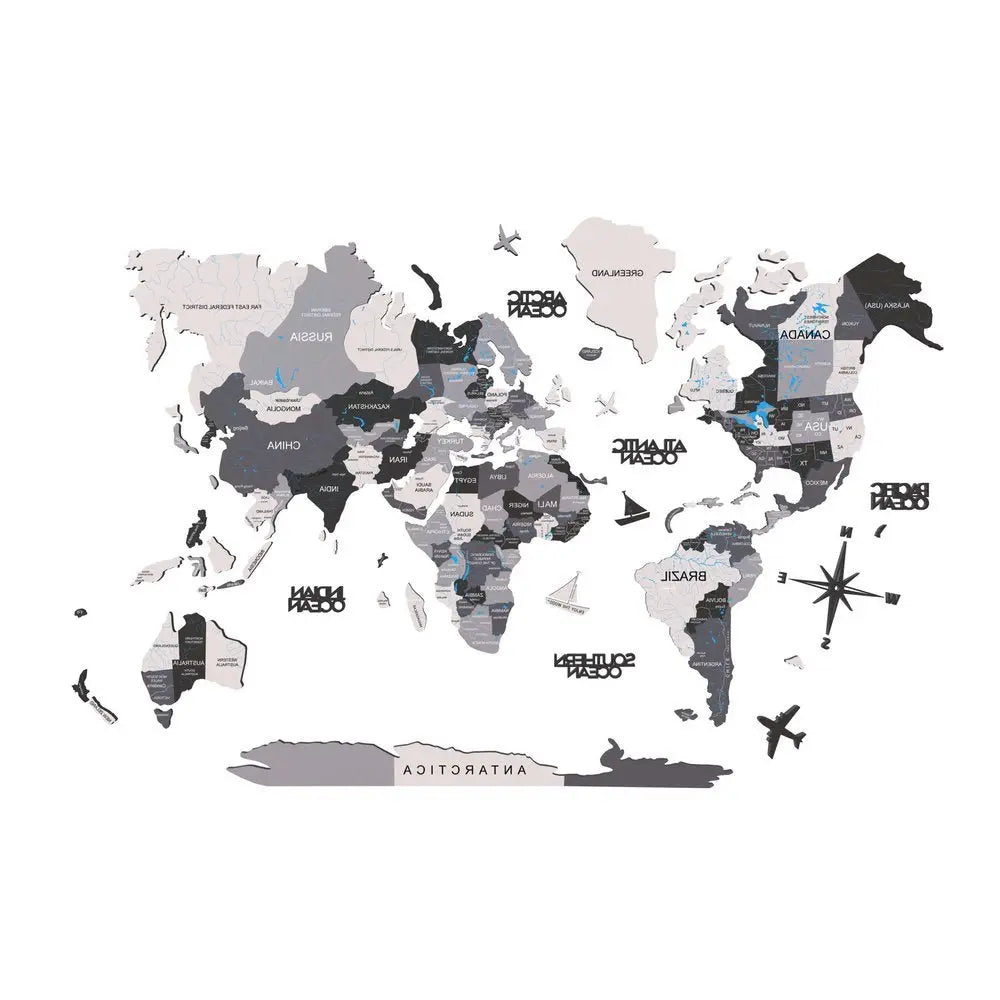 47" X 79" Black Gray and White Wood World Map Hanging Dimensional Sculpture - NOBLE HOME INTERIORS