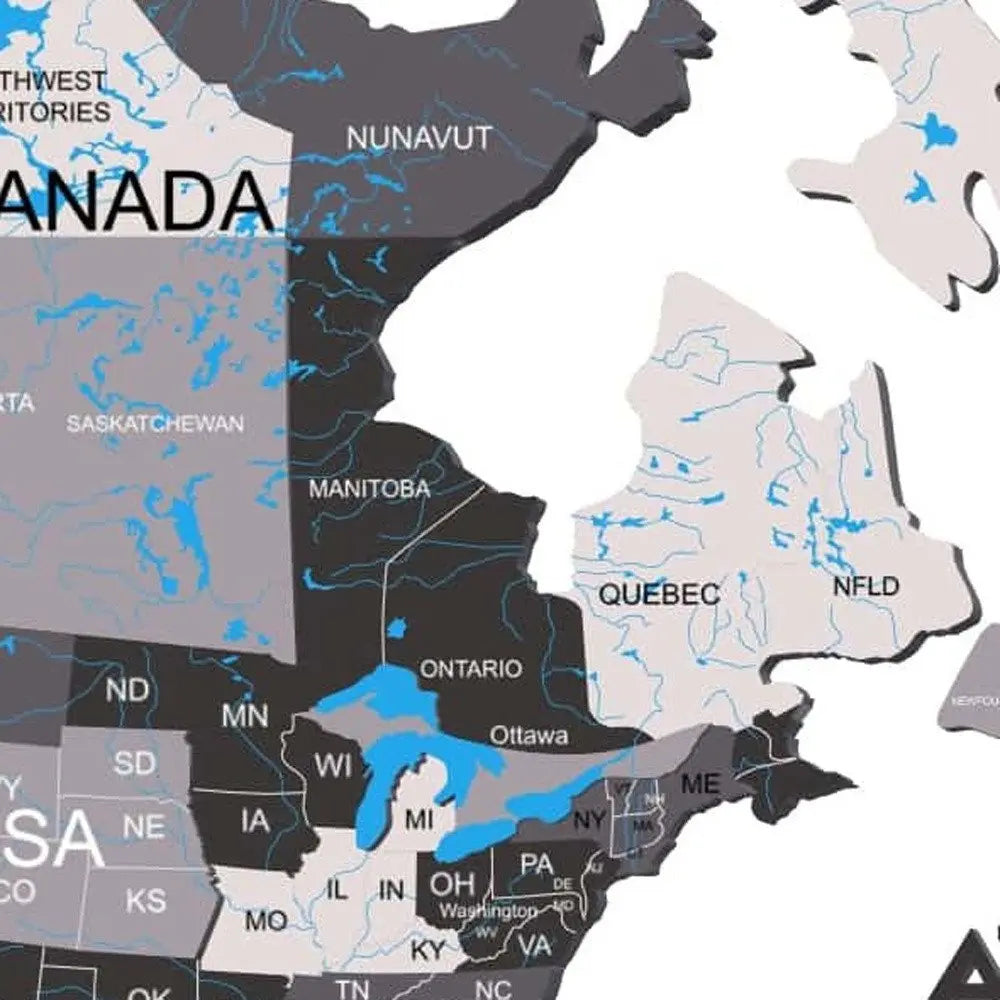 47" X 79" Black Gray and White Wood World Map Hanging Dimensional Sculpture - NOBLE HOME INTERIORS