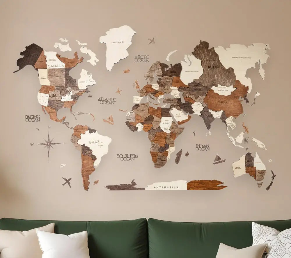 47" X 79" Brown and Beige Wood World Map Hanging Dimensional Sculpture - NOBLE HOME INTERIORS
