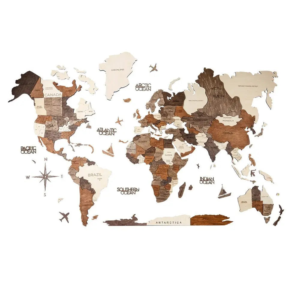 47" X 79" Brown and Beige Wood World Map Hanging Dimensional Sculpture - NOBLE HOME INTERIORS