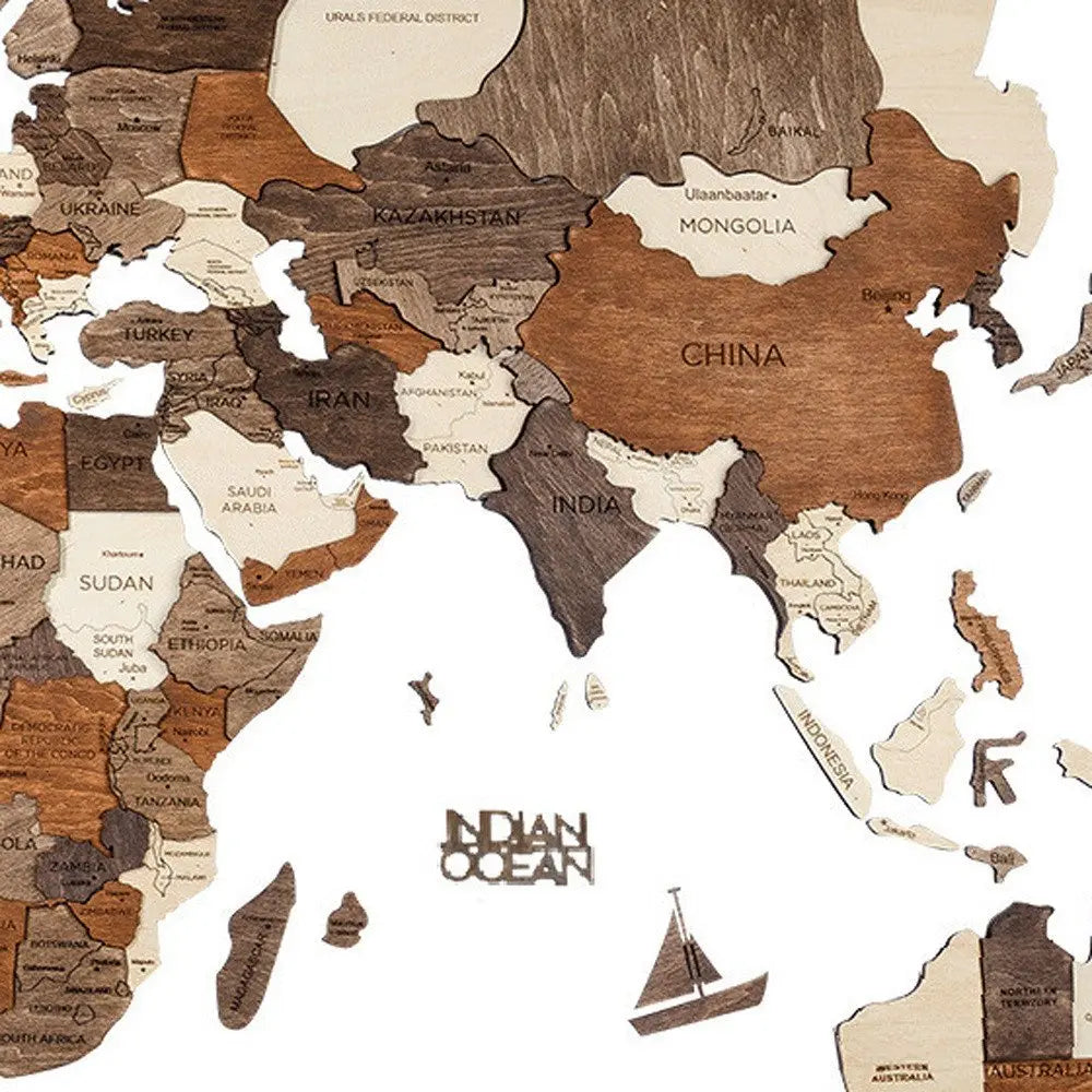 47" X 79" Brown and Beige Wood World Map Hanging Dimensional Sculpture - NOBLE HOME INTERIORS