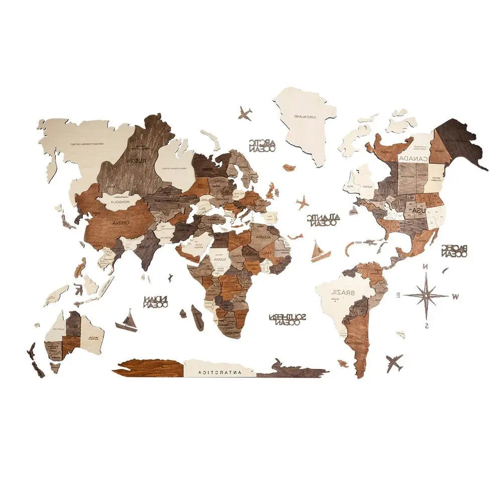 47" X 79" Brown and Beige Wood World Map Hanging Dimensional Sculpture - NOBLE HOME INTERIORS