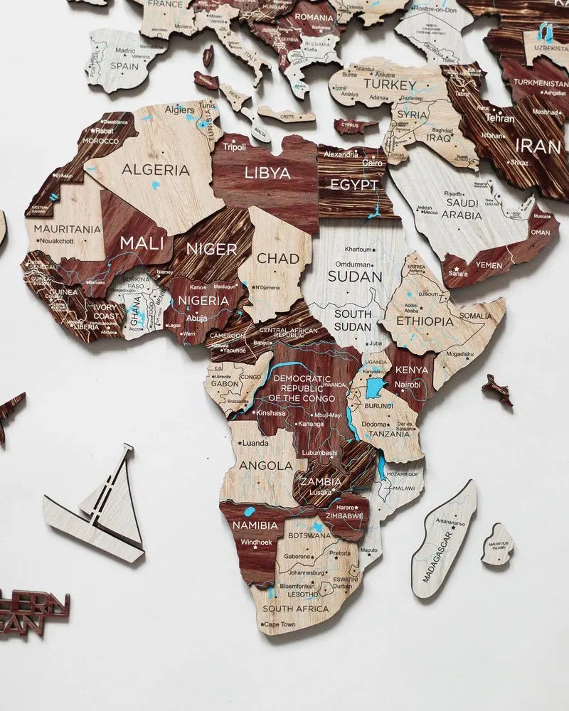 47" X 79" Brown and Beige Wood World Map Hanging Dimensional Sculpture - NOBLE HOME INTERIORS