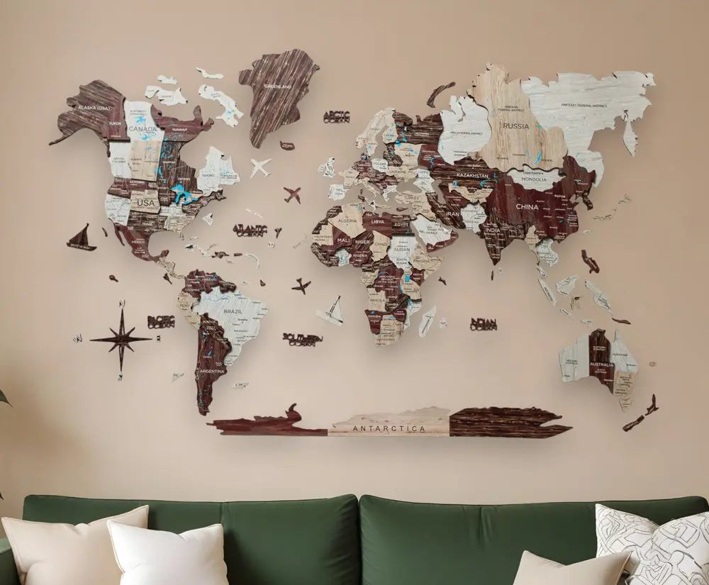 47" X 79" Brown and Beige Wood World Map Hanging Dimensional Sculpture - NOBLE HOME INTERIORS