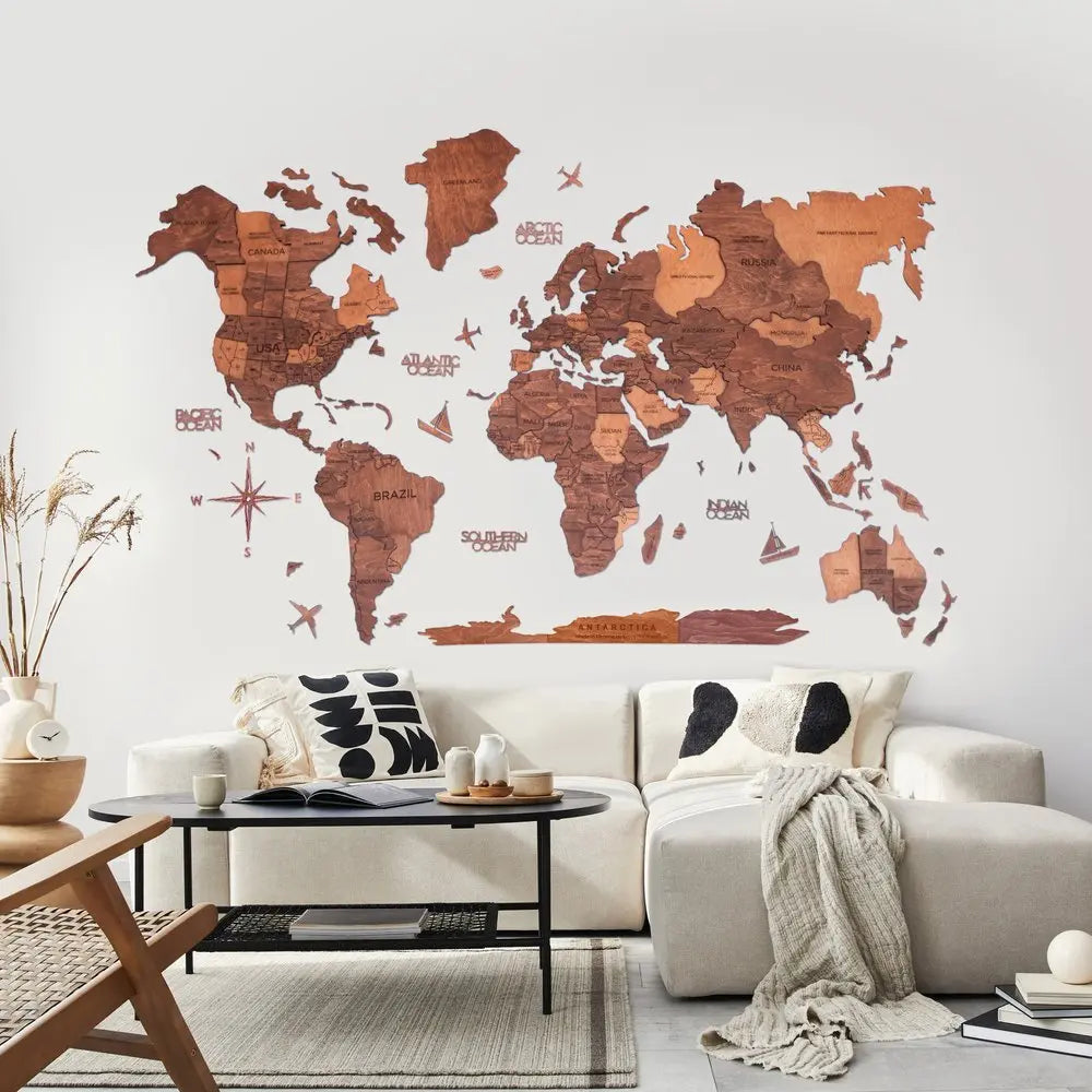 47" X 79" Brown and Tan Wood World Map Hanging Dimensional Sculpture - NOBLE HOME INTERIORS