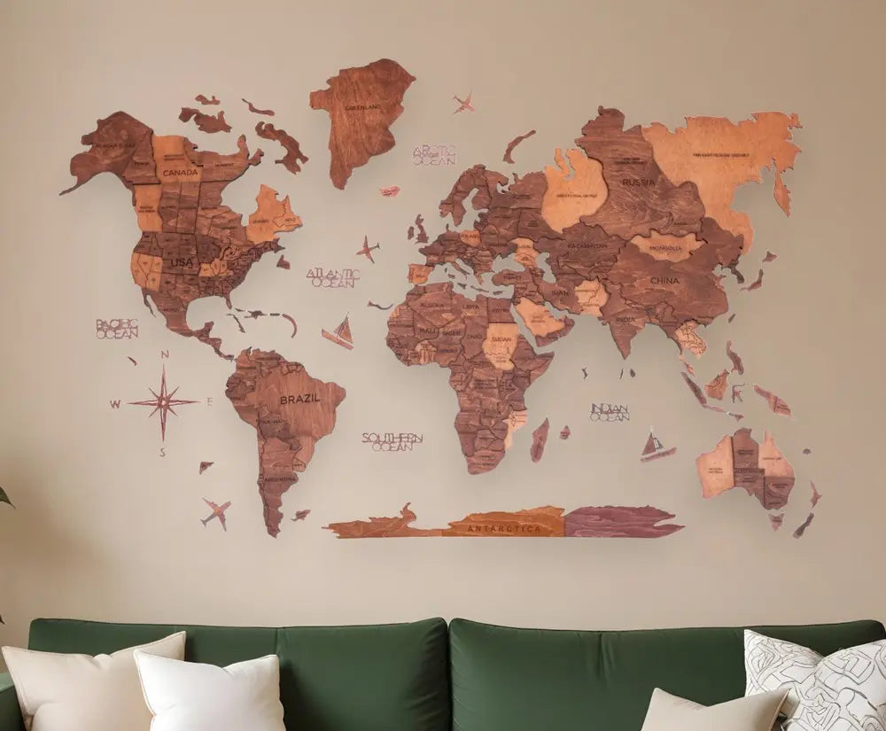 47" X 79" Brown and Tan Wood World Map Hanging Dimensional Sculpture - NOBLE HOME INTERIORS