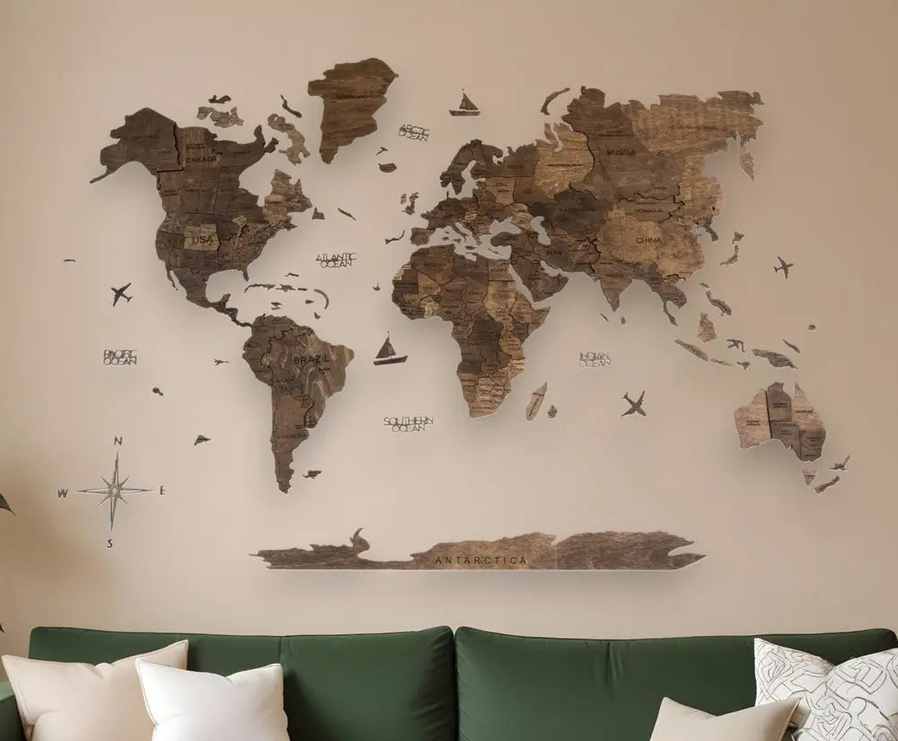 47" X 79" Dark Brown Wood World Map Hanging Dimensional Sculpture - NOBLE HOME INTERIORS