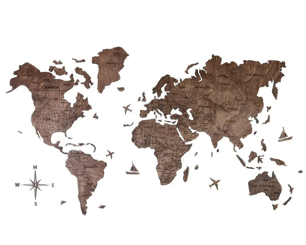 47" X 79" Dark Brown Wood World Map Hanging Dimensional Sculpture - NOBLE HOME INTERIORS