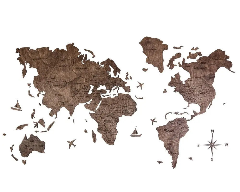 47" X 79" Dark Brown Wood World Map Hanging Dimensional Sculpture - NOBLE HOME INTERIORS