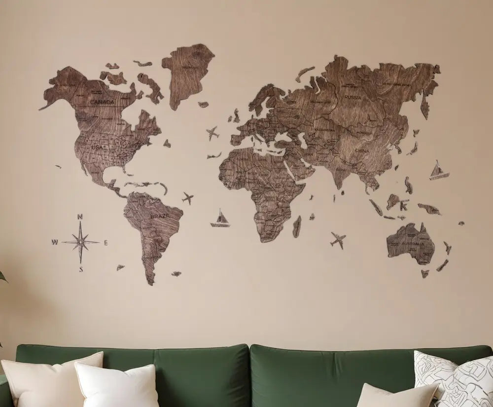 47" X 79" Dark Brown Wood World Map Hanging Dimensional Sculpture - NOBLE HOME INTERIORS