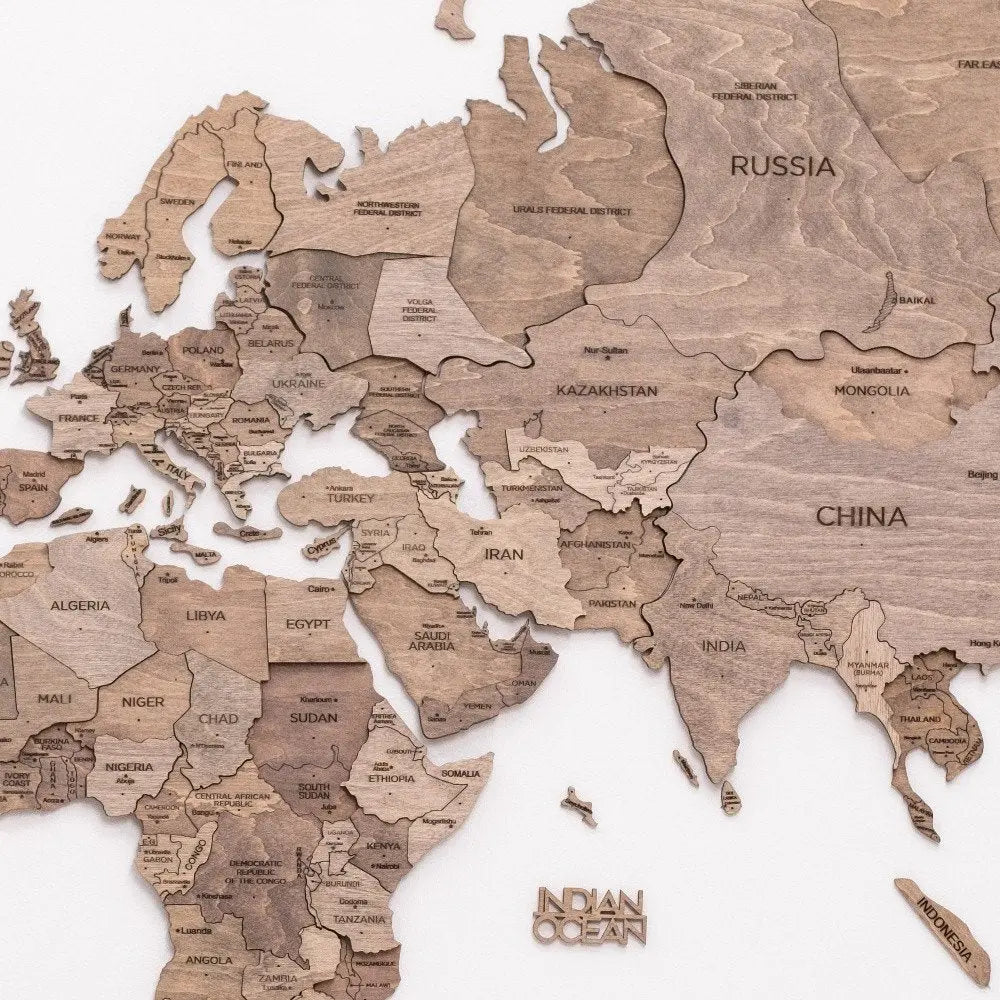 47" X 79" Wood Brown Wood World Map Hanging Dimensional Sculpture - NOBLE HOME INTERIORS