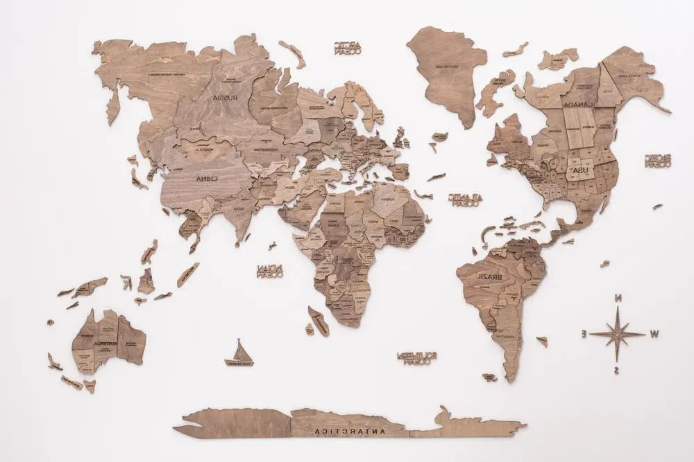 47" X 79" Wood Brown Wood World Map Hanging Dimensional Sculpture - NOBLE HOME INTERIORS