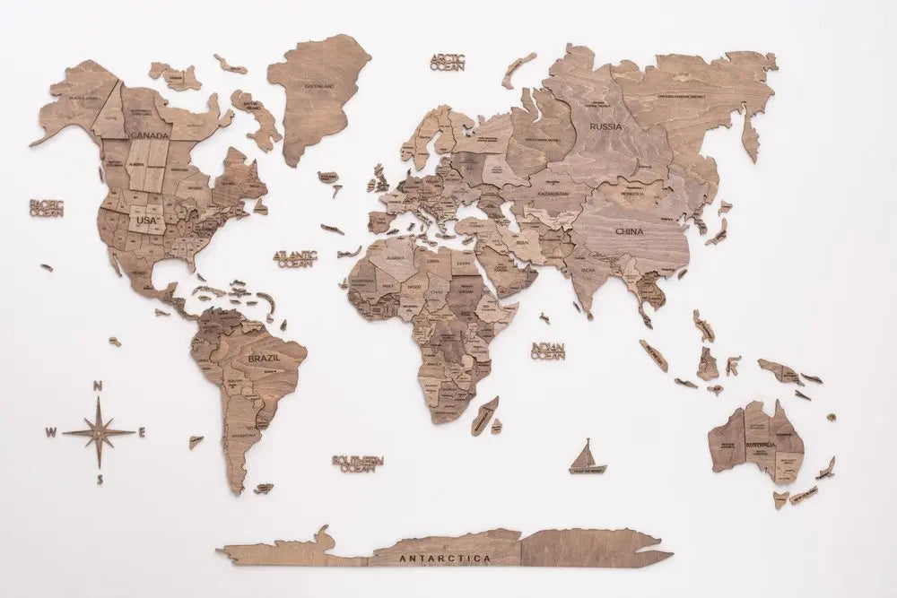 47" X 79" Wood Brown Wood World Map Hanging Dimensional Sculpture - NOBLE HOME INTERIORS