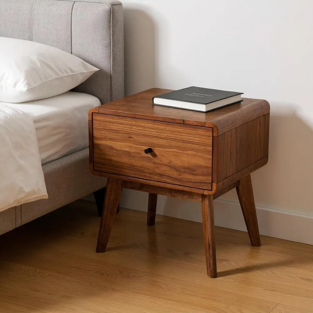 Modern Mid Century Walnut Nightstand with Single Drawer HomeRoots