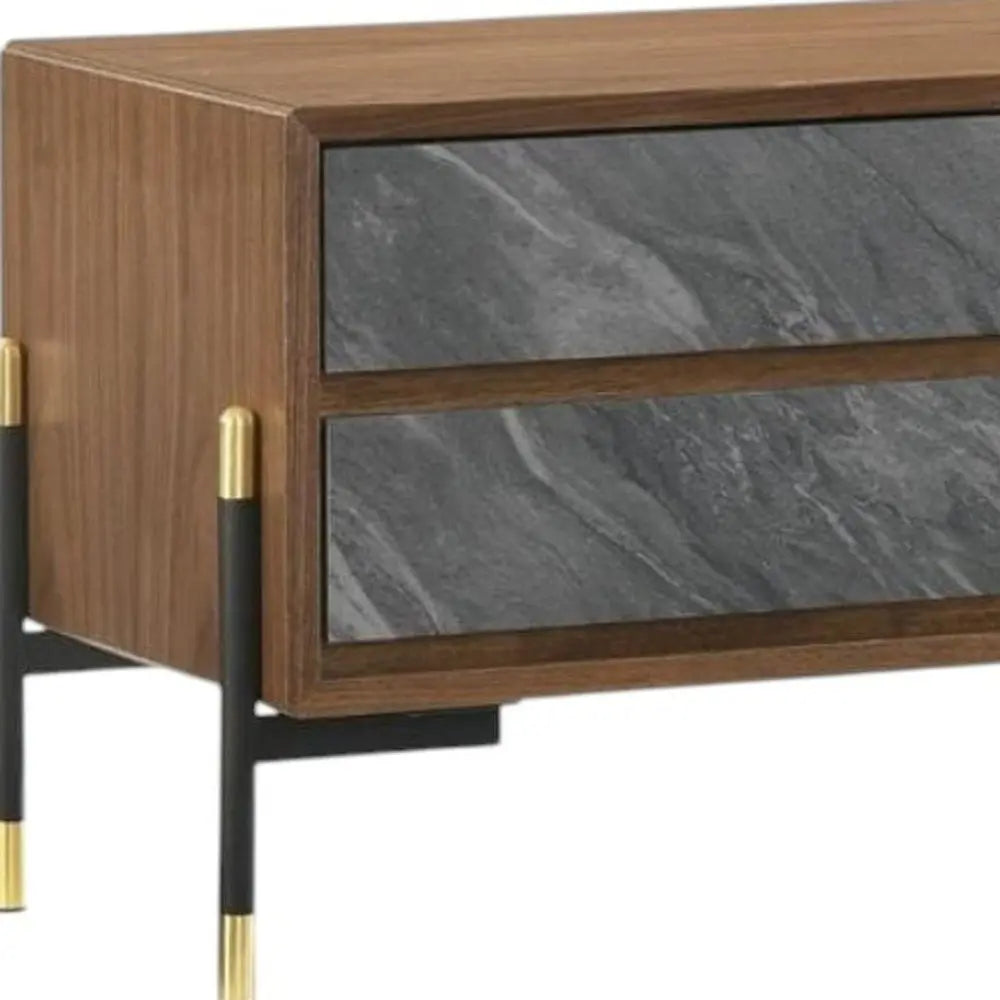 Mid Century Walnut and Gray Faux Marble Two Drawer Nightstand HomeRoots