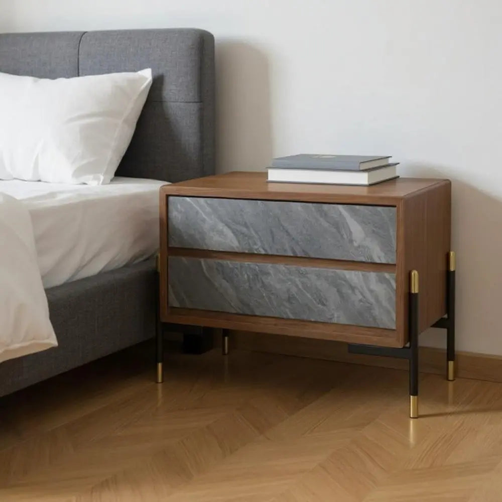 Mid Century Walnut and Gray Faux Marble Two Drawer Nightstand HomeRoots