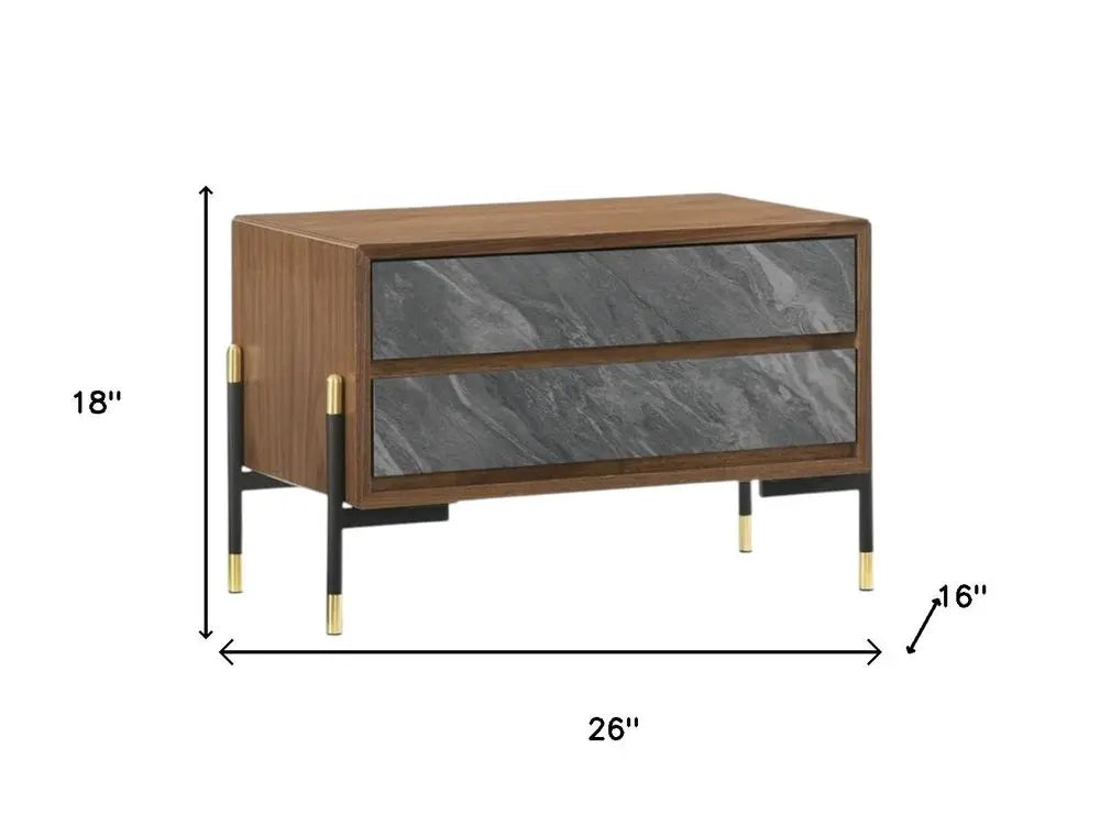 Mid Century Walnut and Gray Faux Marble Two Drawer Nightstand HomeRoots